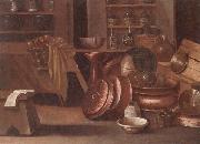 unknow artist A Kitchen still life of utensils and fruit in a basket,shelves with wine caskets beyond oil